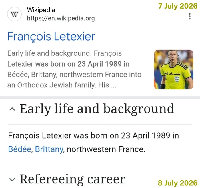 Fact Check: Does a Wikipedia Page Prove Egypt-Argentina Match Referee François Letexier Grew Up in 'Orthodox Jewish Family'?