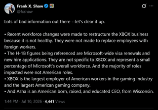Microsoft Responds to Racist Xbox Layoff Conspiracy Theory, Says CEO Asha Sharma is 'American Born, Raised, and Educated'